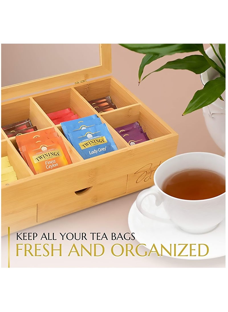 Arabest - Bamboo Tea Box, 8 Compartments Storage Organizer with Drawer, Tea Organizer Box for Tea Bags and Loose Tea - Image 1
