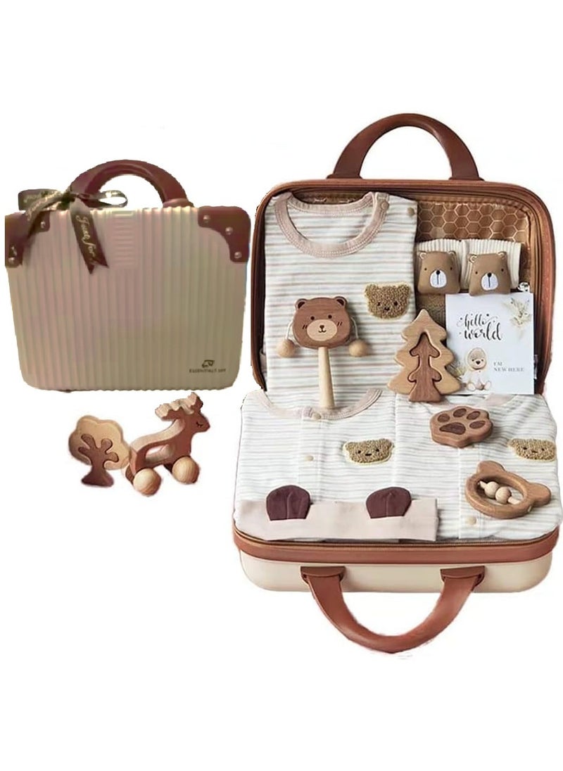 ESSENTIALS 360 New Born Baby Set for Boys & Girls Soft Cotton Baby Clothes, Wooden Toys & Baby Items Premium Baby Shower Gift for Newborns (0-3 Months) in Bear theme cute suitcase 14 in 1  - Image 1