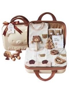 ESSENTIALS 360 New Born Baby Set for Boys & Girls Soft Cotton Baby Clothes, Wooden Toys & Baby Items Premium Baby Shower Gift for Newborns (0-3 Months) in Bear theme cute suitcase 14 in 1  - Image 1