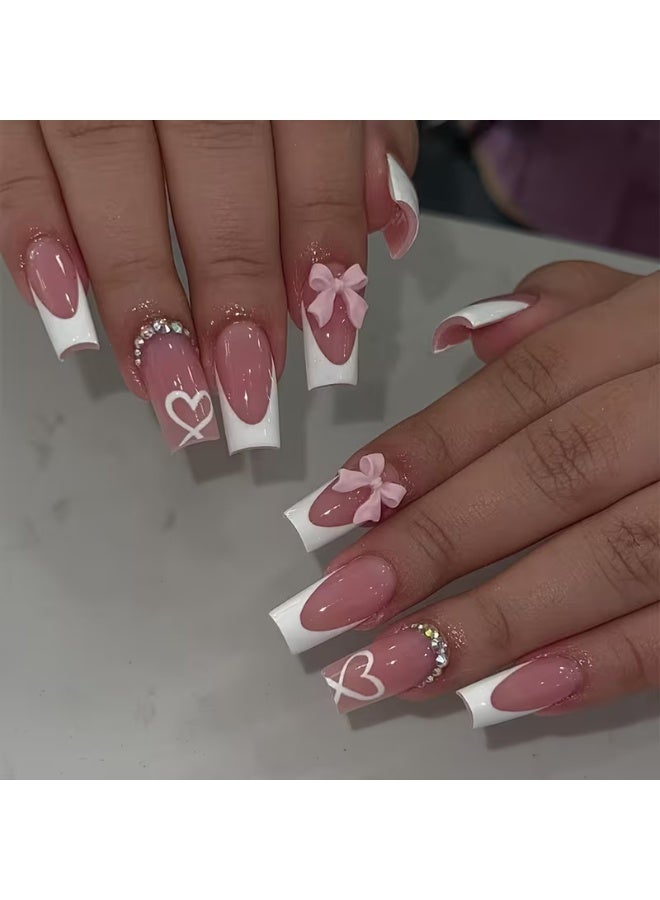 LANGMANNI 24Pcs Pink French Tip Press On Nails, Long Coffin Fake Nails with Bow & Heart, Detachable Reusable Wearable False Nails for Women - Image 1