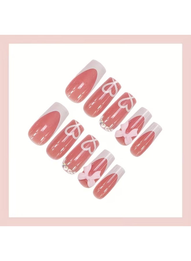 LANGMANNI 24Pcs Pink French Tip Press On Nails, Long Coffin Fake Nails with Bow & Heart, Detachable Reusable Wearable False Nails for Women - Image 4