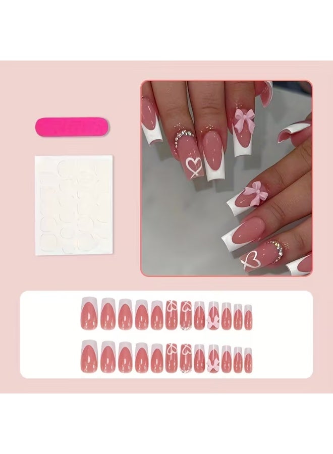 LANGMANNI 24Pcs Pink French Tip Press On Nails, Long Coffin Fake Nails with Bow & Heart, Detachable Reusable Wearable False Nails for Women - Image 5