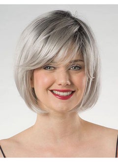 RENERSHOW RENERSHOW Grey Bob Short Wigs for White Women Ombre Gray Bob Wig with Bangs Straight Bob Haircuts Heat Synthetic Wigs for Old Lady  - Image 1