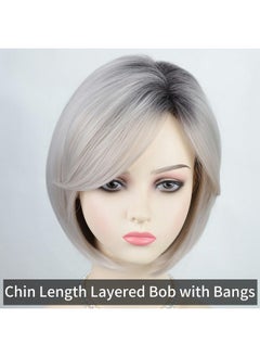 RENERSHOW RENERSHOW Grey Bob Short Wigs for White Women Ombre Gray Bob Wig with Bangs Straight Bob Haircuts Heat Synthetic Wigs for Old Lady  - Image 3