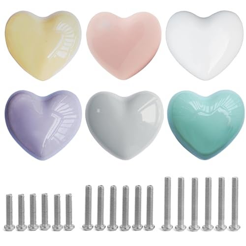 Perphin Ceramic Drawer Knobs Heart Shape Colorful Heart Cabinet Dresser Pulls Handles with 3 Sized Screws, Kitchen Furniture Knobs for Closet Cupboard Wardrobe (Mixed Color, 6 Pack) (6packmixcolor) - Image 1