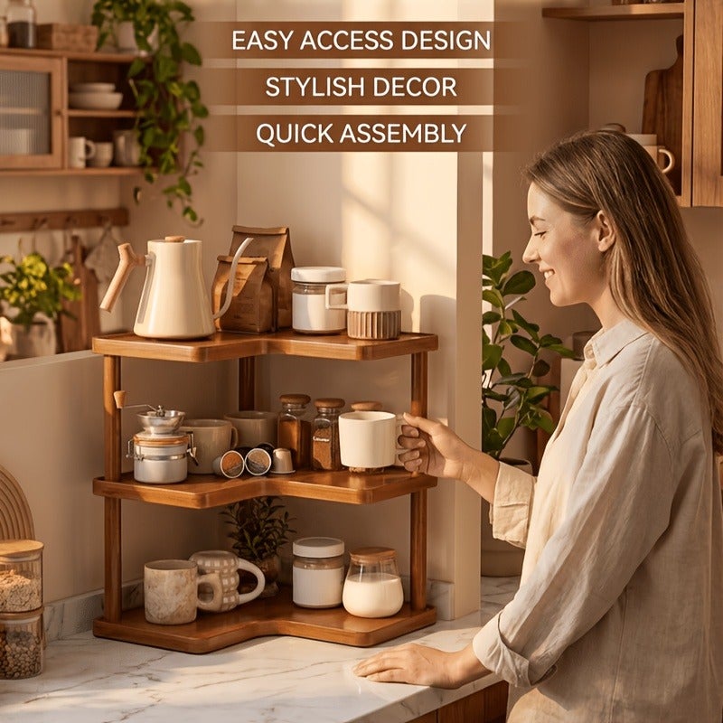 3-Tier Maximize Your Space with This Multipurpose Wooden Floor Shelf Freestanding Kitchen Countertop Storage Rack for Spices, Coffee Cups & Cutlery Rustic Brown Organizer Stand Ideal for Living Room, Bedroom, Office, Or Entryway Decor - Image 4