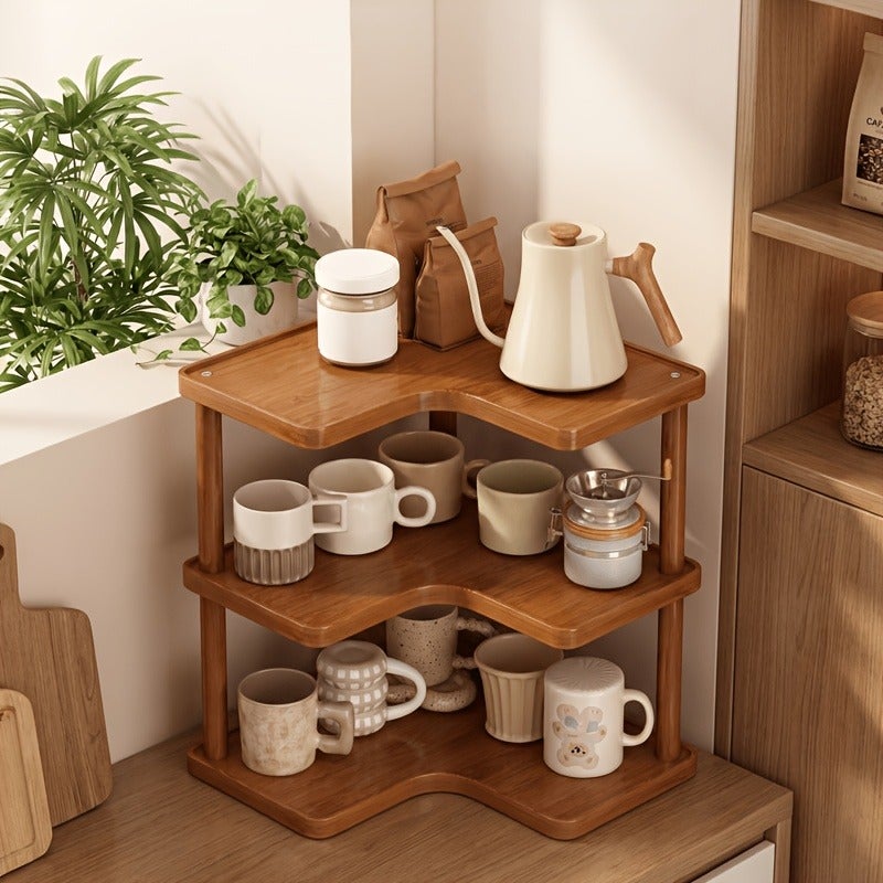3-Tier Maximize Your Space with This Multipurpose Wooden Floor Shelf Freestanding Kitchen Countertop Storage Rack for Spices, Coffee Cups & Cutlery Rustic Brown Organizer Stand Ideal for Living Room, Bedroom, Office, Or Entryway Decor - Image 3