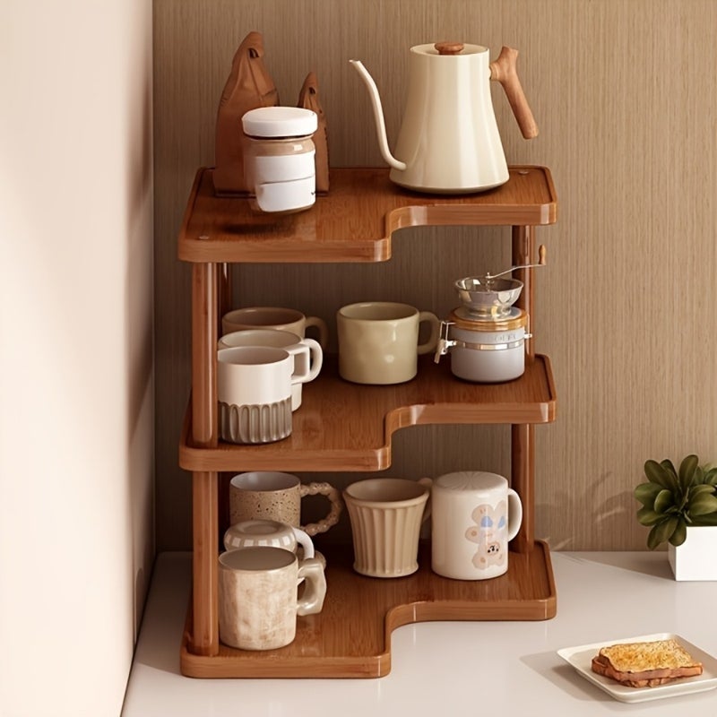 3-Tier Maximize Your Space with This Multipurpose Wooden Floor Shelf Freestanding Kitchen Countertop Storage Rack for Spices, Coffee Cups & Cutlery Rustic Brown Organizer Stand Ideal for Living Room, Bedroom, Office, Or Entryway Decor - Image 1