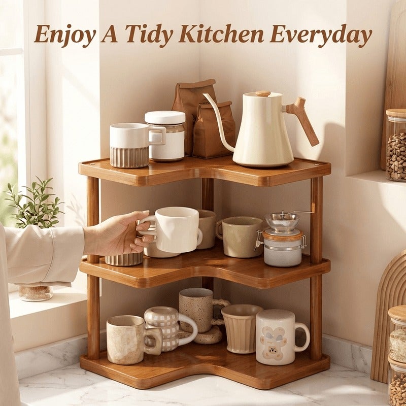 3-Tier Maximize Your Space with This Multipurpose Wooden Floor Shelf Freestanding Kitchen Countertop Storage Rack for Spices, Coffee Cups & Cutlery Rustic Brown Organizer Stand Ideal for Living Room, Bedroom, Office, Or Entryway Decor - Image 2