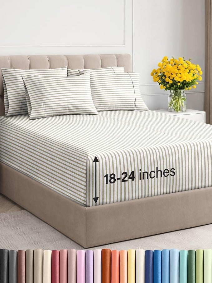 EXTRA DEEP KING SHEET SET 6 PIECE BREATHABLE COOLING SHEETS HOTEL LUXURY BEDDING SET W1824 INCH EXTRA DEEP POCKETS EASY SECURE FIT SOFT WRINKLE FREE COMFY BEIGE STRIPES KING SIZE
