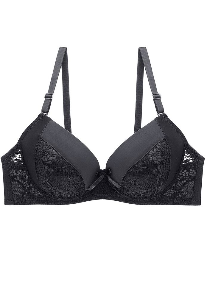 Loquat Comfy Solid Color B C Cup Thin Cup Lace Bra Women's Underwear Black
