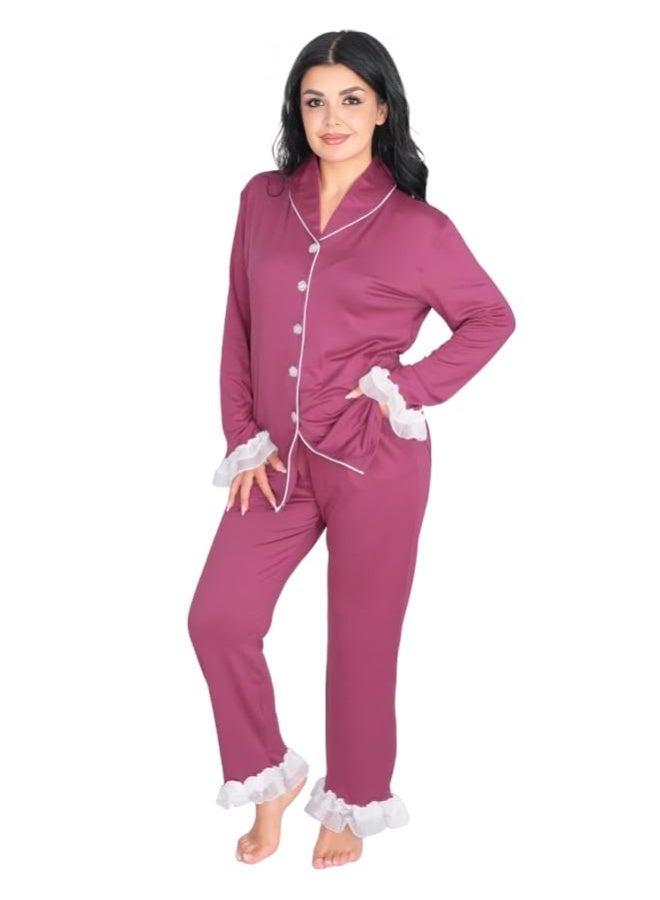 Dadoush Classic comfortable winter pajamas for women for home, women's pajama set with jacket and cotton pants, front buttons and lace ruffles. - Image 1