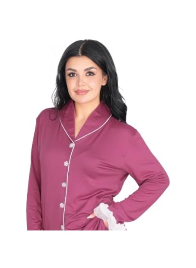 Dadoush Classic comfortable winter pajamas for women for home, women's pajama set with jacket and cotton pants, front buttons and lace ruffles. - Image 3