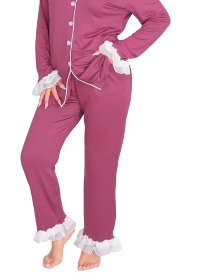 Dadoush Classic comfortable winter pajamas for women for home, women's pajama set with jacket and cotton pants, front buttons and lace ruffles. - Image 2