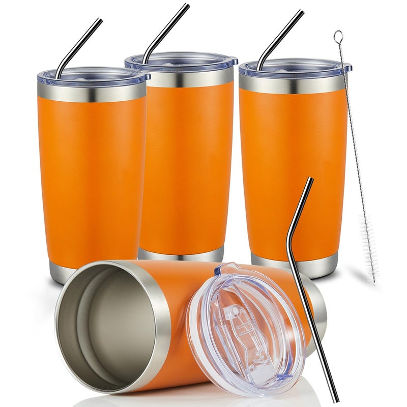 COMOOO 20oz Tumbler Bulk Double Wall Vacuum Insulated Travel Mug Stainless Steel Tumbler with Lid and Straw Durable Powder Coated Insulated Coffee Cup for Cold  Hot Drinks Orange 4 pack