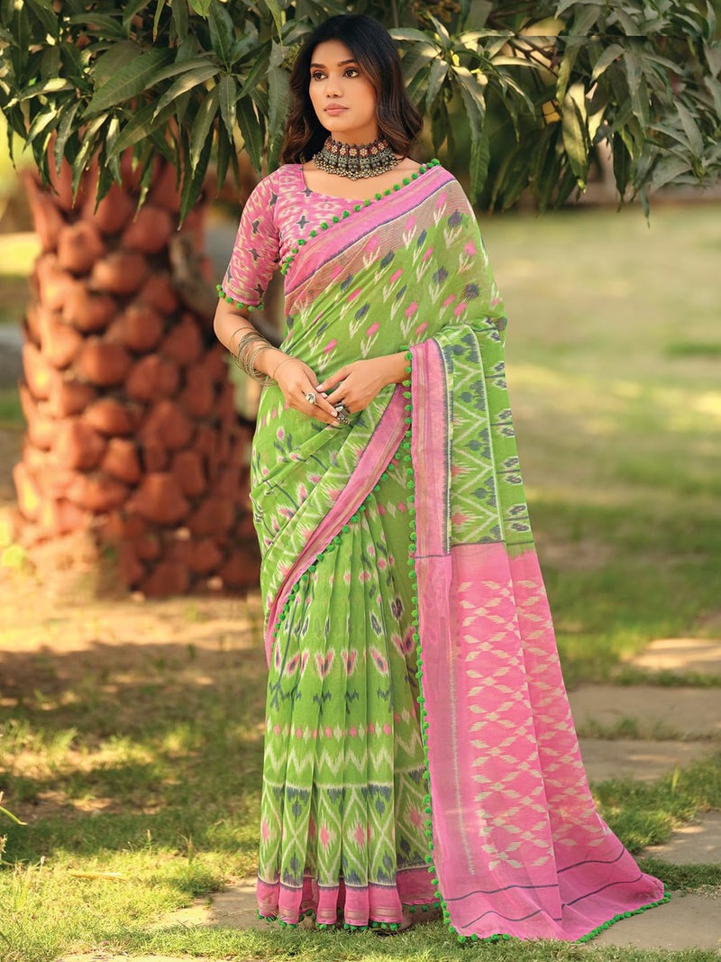 SAREE MALL Women's Cotton Blend Ikat Printed Saree With Unstitched Blouse Piece(Light Green_PUMPUM11H_SR) - Image 3