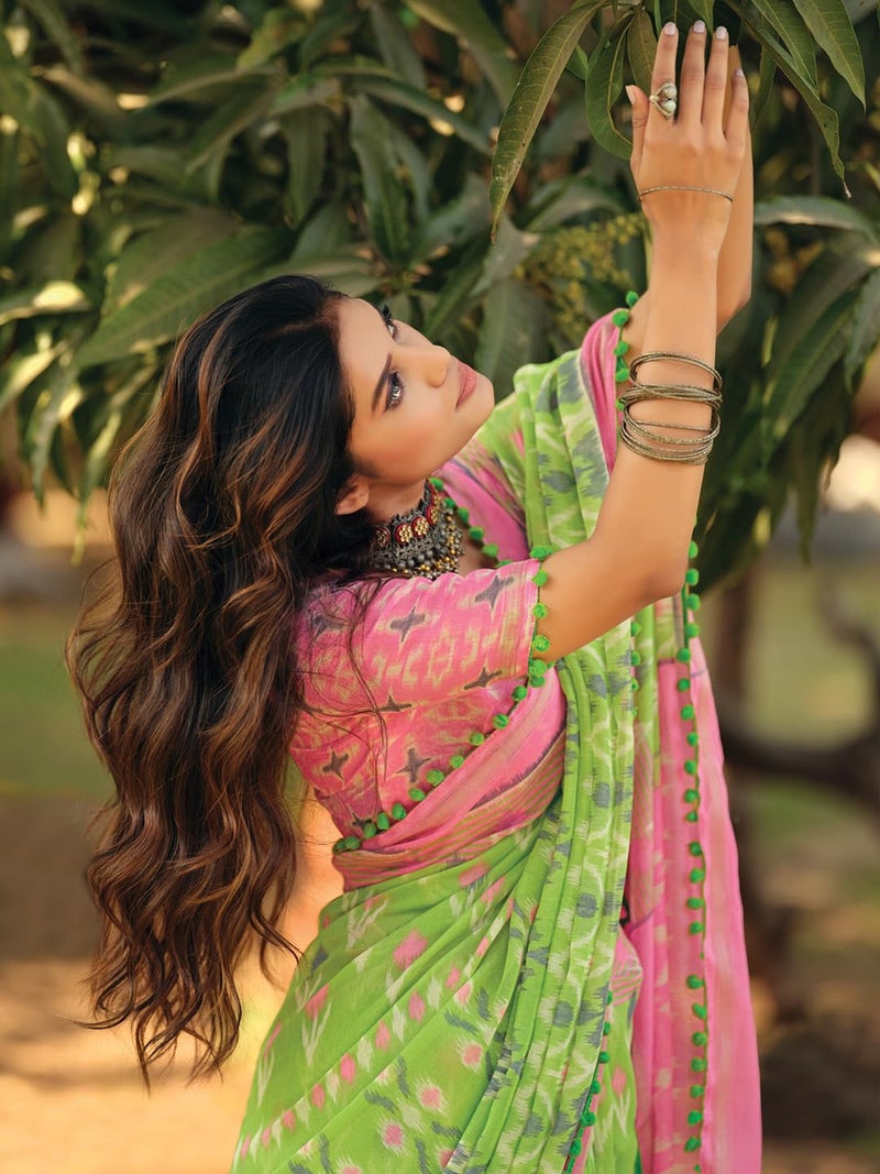 SAREE MALL Women's Cotton Blend Ikat Printed Saree With Unstitched Blouse Piece(Light Green_PUMPUM11H_SR) - Image 2