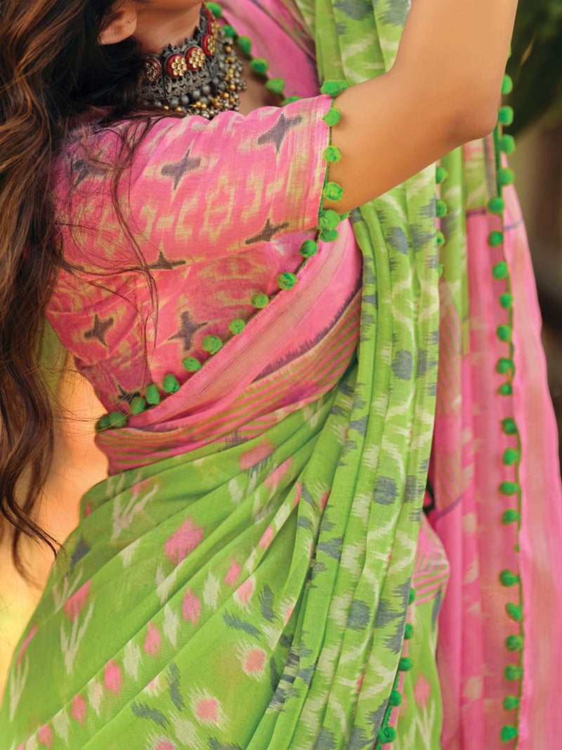 SAREE MALL Women's Cotton Blend Ikat Printed Saree With Unstitched Blouse Piece(Light Green_PUMPUM11H_SR) - Image 5