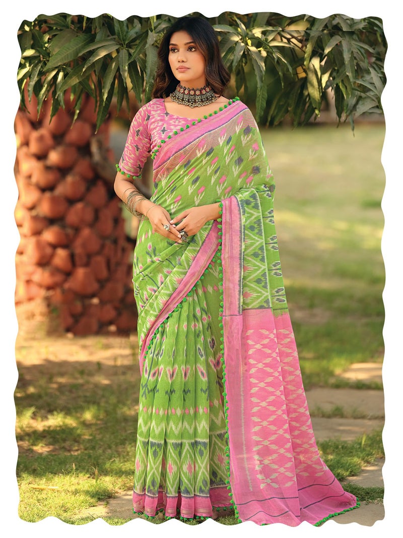 SAREE MALL Women's Cotton Blend Ikat Printed Saree With Unstitched Blouse Piece(Light Green_PUMPUM11H_SR) - Image 1