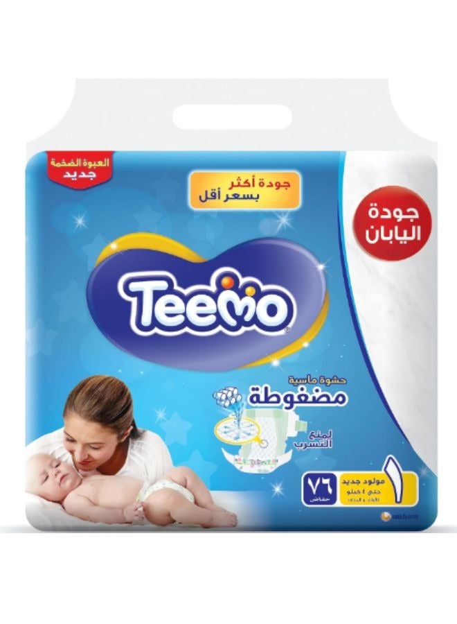 Teemo Baby Diapers Newborn Size 1 (Up to 4 kg) Mega Pack 76 Diapers - Image 1