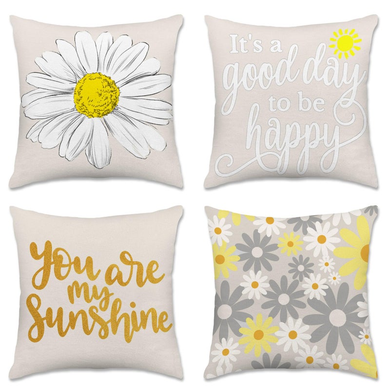 Hexagram Spring Summer Pillow Covers 18x18 Set of 4, Outdoor Floral Daisy Decorative Grey Throw Pillow Covers, You are My Sunshine Farmhouse Cushion Case for Couch Sofa Indoor Home Decor(No Insert) - Image 1