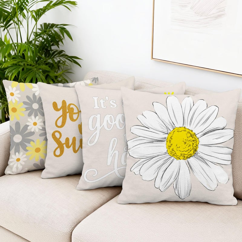 Hexagram Spring Summer Pillow Covers 18x18 Set of 4, Outdoor Floral Daisy Decorative Grey Throw Pillow Covers, You are My Sunshine Farmhouse Cushion Case for Couch Sofa Indoor Home Decor(No Insert) - Image 2