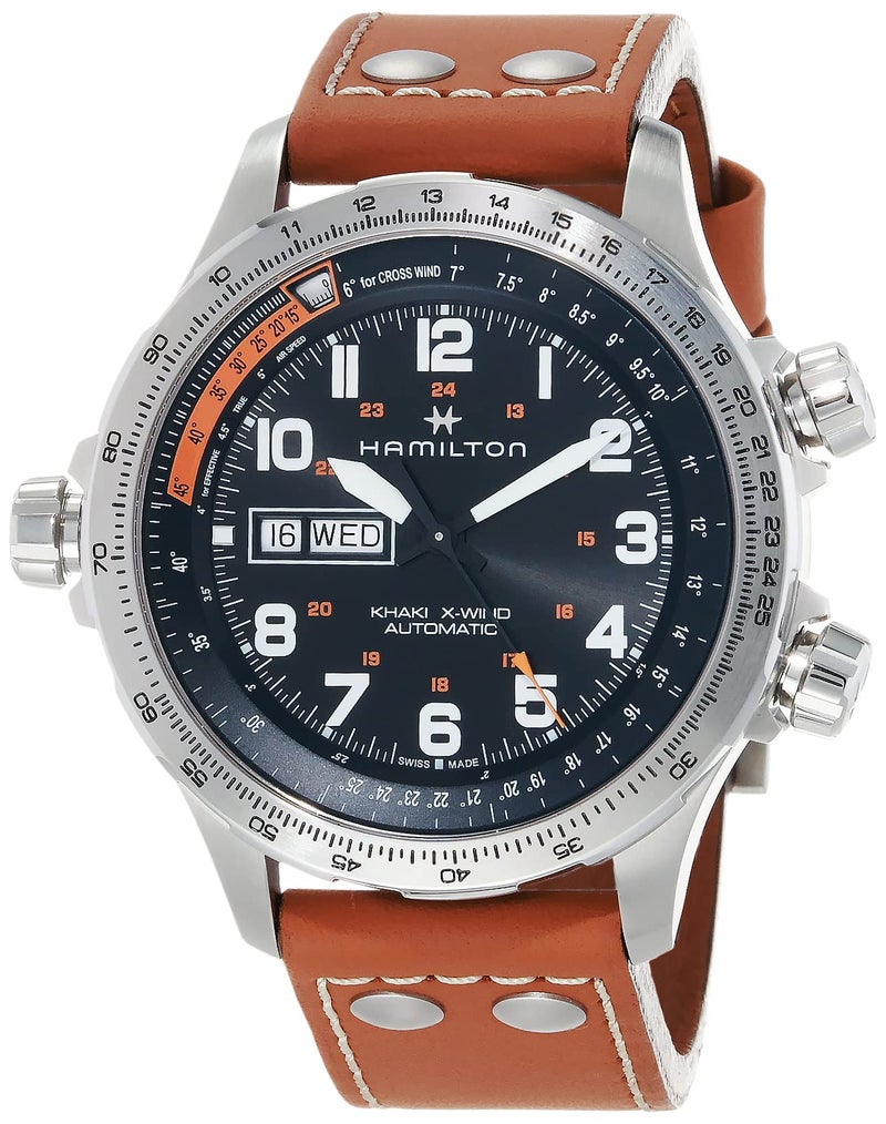 Hamilton Khaki Aviation Automatic Men's Watch, 45mm Stainless Steel Case, Swiss Made, Black Dial Analog Wrist Watch for Men, 100m Waterproof, Sapphire Crystal, 3-Hand Movement, Cow Leather Strap - Image 1