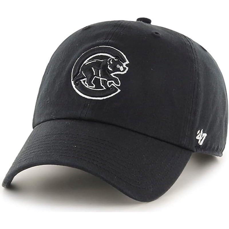 47 Brand MLB Black White Primary Logo Clean Up Adjustable Baseball Cap Hat, Adult One Size Fits All - Chicago Cubs Black White - Image 1