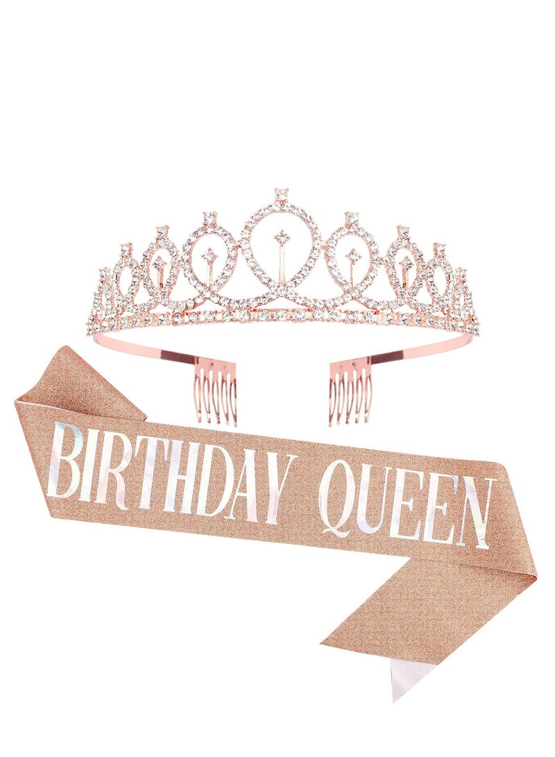 Cavetee CAVETEE birthday crowns for women birthday queen sash & rhinestone tiara set birthday tiaras and sash for women birthday rose gold birthday tiara crowns for women  - Image 1