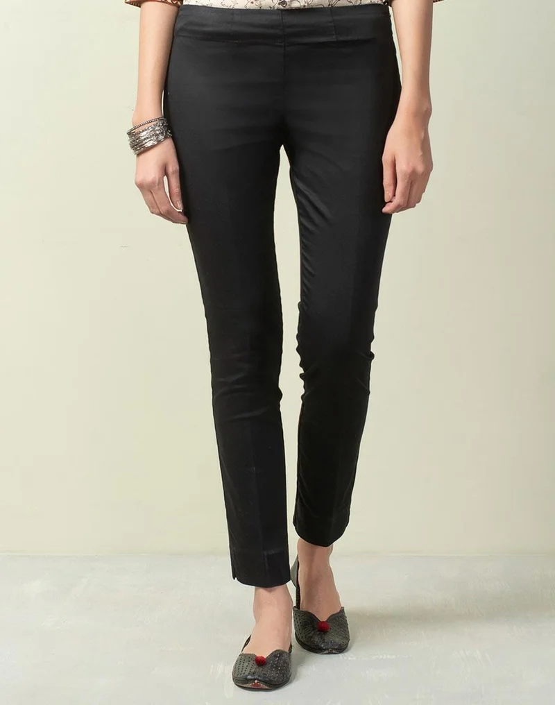 Fabindia Black Cotton Full Length Formal Slim Stretch Pant