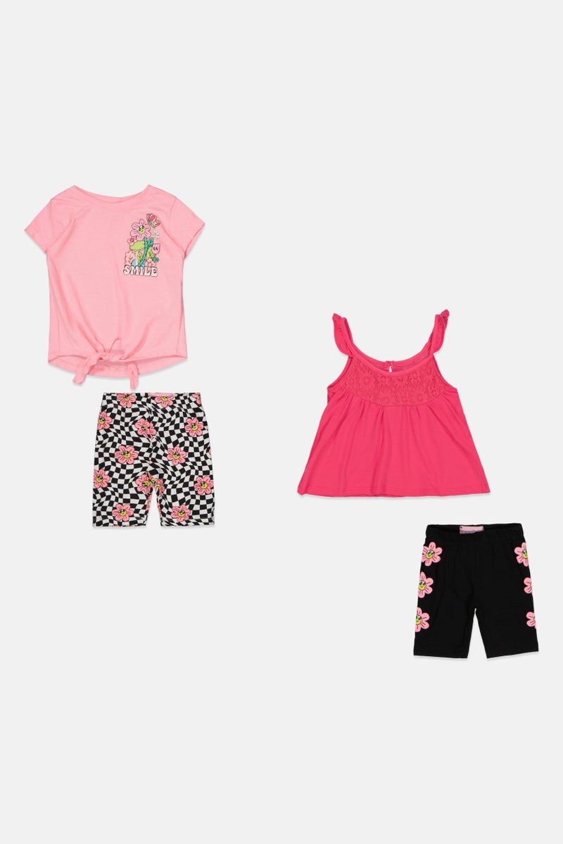 Freestyle طقم بنات أطفال مكون من 4 قطع بتصميم جرافيكي وقميص وشورتات، متعدد الألوان - Image 2