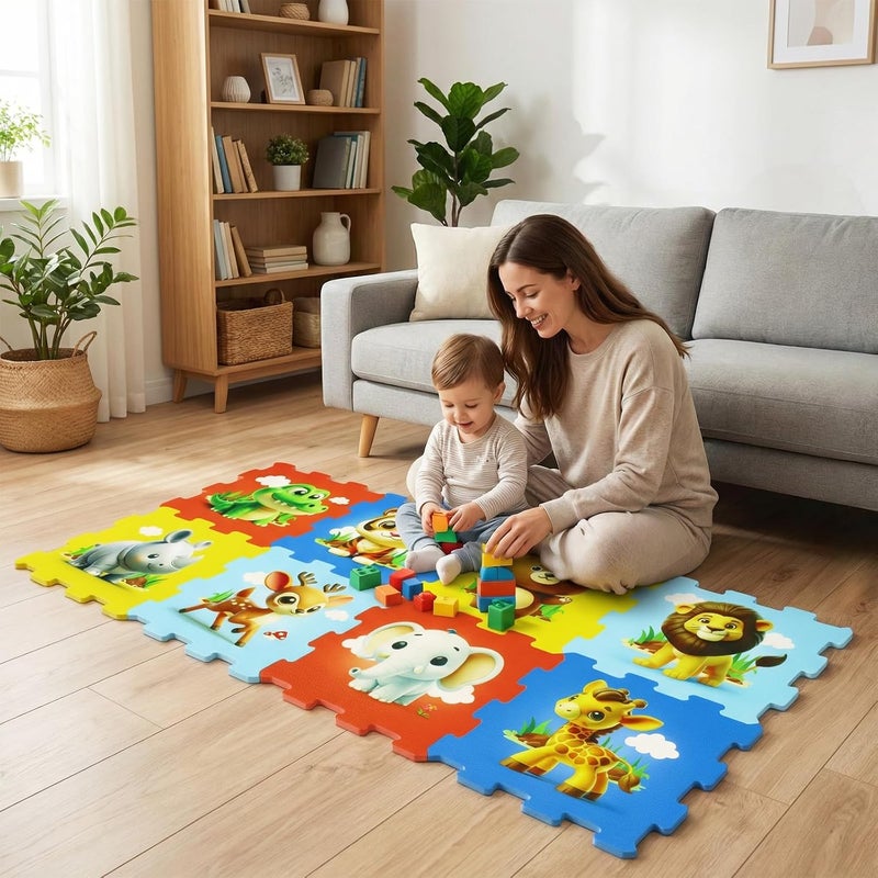 GLACER Kids Foam Puzzle Play Mat, 8-Piece Interlocking Baby Floor Puzzle Tiles w/Educational Animal Patterns, Non-Slip Waterproof Foam Crawling Mat for Toddler Playroom, 12" x 12", Colorful - Image 2