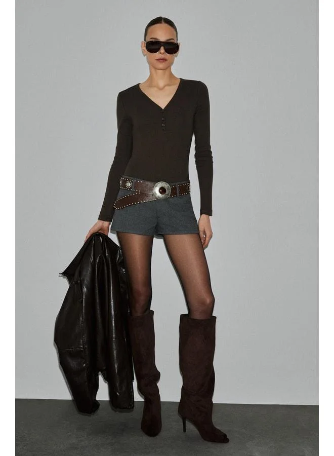 Grimelange KALANI Women's Long Sleeve Snap-Button V-Neck Peplum Buttoned Dark Coffee Blouse