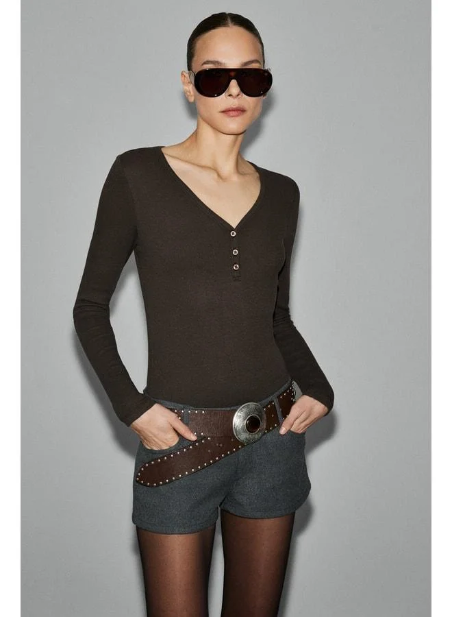 Grimelange KALANI Women's Long Sleeve Snap-Button V-Neck Peplum Buttoned Dark Coffee Blouse