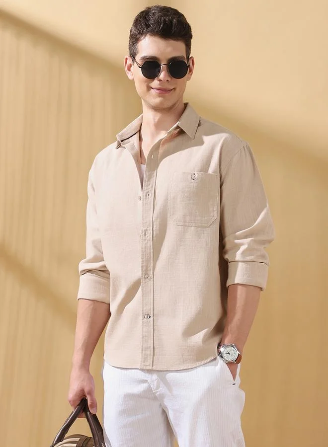 Dennis Lingo Men'S Beige 100% Cotton Solid Pattern Button Down Regular FiT-Shirt