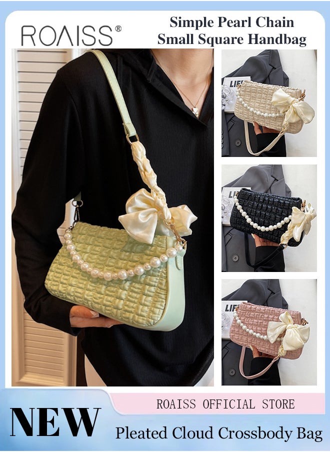 roaiss - Women Minimalist Pearl Chain Handbag Niche Design Mini Square Bag with Ruffled Cloud Pattern Fashionable Crossbody Bag for Women - Image 1