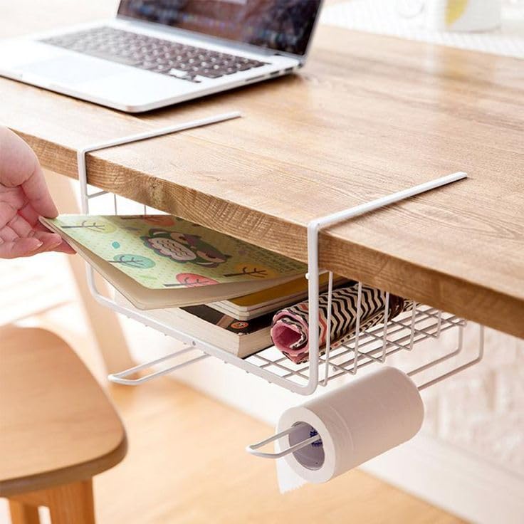 Go Hooked Multipurpose Under Shelf Basket 12 Inch Wire Rack Cabinet Storage Basket | Metal Hanging Basket for Home | Under Cabinet Drawer | Space Saving Under Shelf Rack (White, 1pcs) - Image 1
