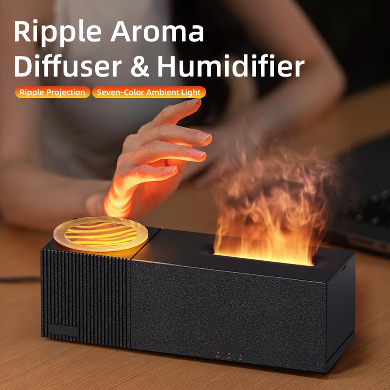 SENMUL Essential Oil Diffuser, Ripple Projection Vibe Flame Oil Diffuser - Aromatherapy Aroma Humidifier, Upgrade 7 Flame Colors Noiseless 150ml Remote - Perfect for Bedroom Home Office (Ripple Black) - Image 3