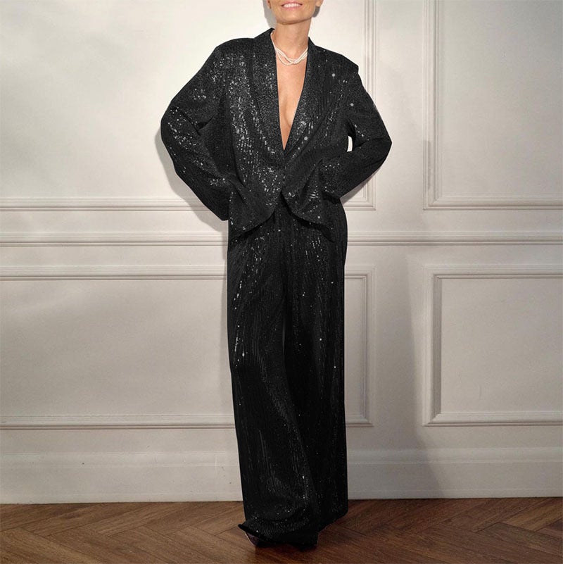 European and American Fashion Womens Sequin Suit Jacket Casual Trousers suit Elegant All-match Beaded Top Wide-leg Pants for Women Black suit