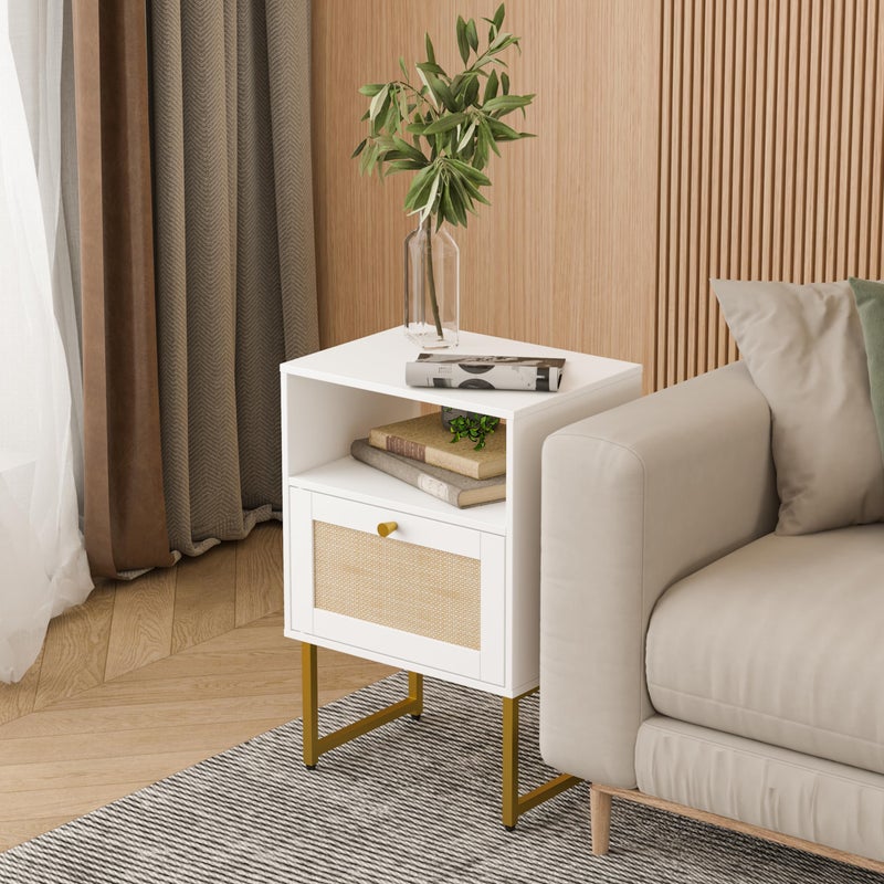 JOONEE Rattan Nightstand,Farmhouse Bedside Table with Storage Drawer and Open Shelf,Modern Boho Small Gold Frame Side End Table for Bedroom,Living Room,Office(White) - Image 2