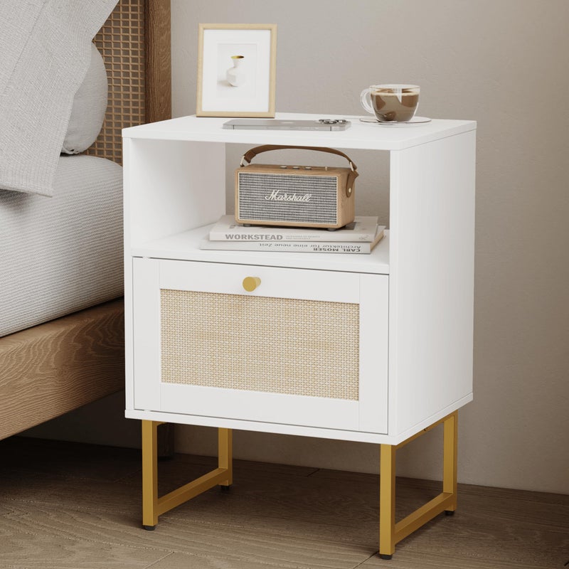 JOONEE Rattan Nightstand,Farmhouse Bedside Table with Storage Drawer and Open Shelf,Modern Boho Small Gold Frame Side End Table for Bedroom,Living Room,Office(White) - Image 1