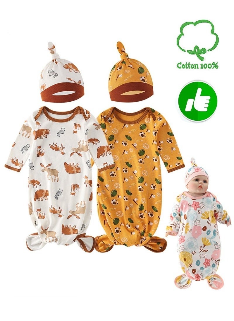 MIXDE 2PCS Newborn Knotted Gown with Hat Set, Newborn Nightgowns, Baby Swaddle Blanket, Newborn Wrap Cap Set, Infant Adjustable Sleep Sack, 100% Cotton Breathable and Skin-Friendly for 0-4 Months  - Image 1