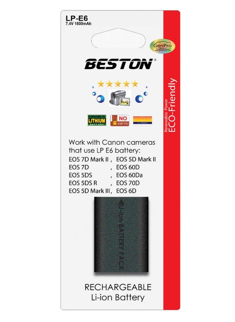 Beston Battery for Canon LP-E6: Reliable rechargeable battery designed for Canon cameras utilizing LP-E6.