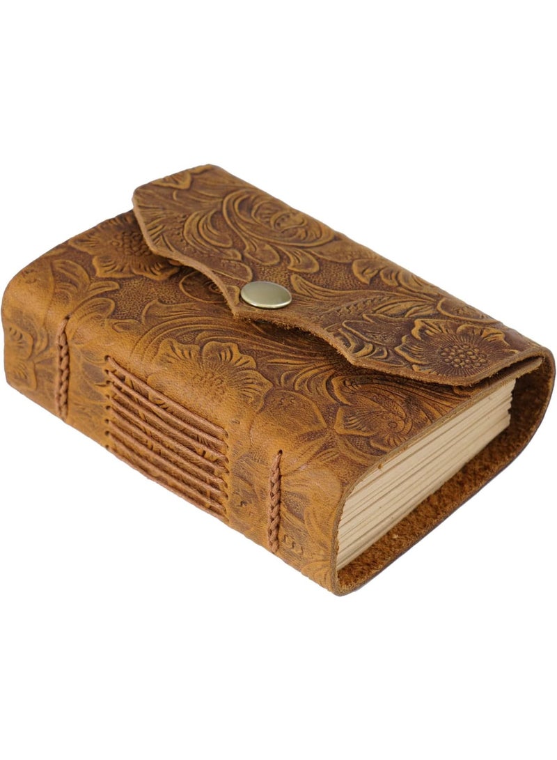 Zikra Leather Bound Journal, 4.3"X3" 320 Pages Kraft Paper Office Notebook Mini Handmade Unlined Leather Sketchbook, Vintage Embossed Travel Journal, Gift for Women Men, Brown - Image 1