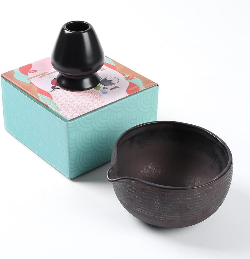 ZENRC Traditional Matcha Bowl with Pouring Spout and Whisk Holder (Reshaper) - Retro Matcha Green Tea Chawan Kit- 22oz Big Salad Porridge Juice Bowl and Chasen Rest (Charming Black) - Image 1