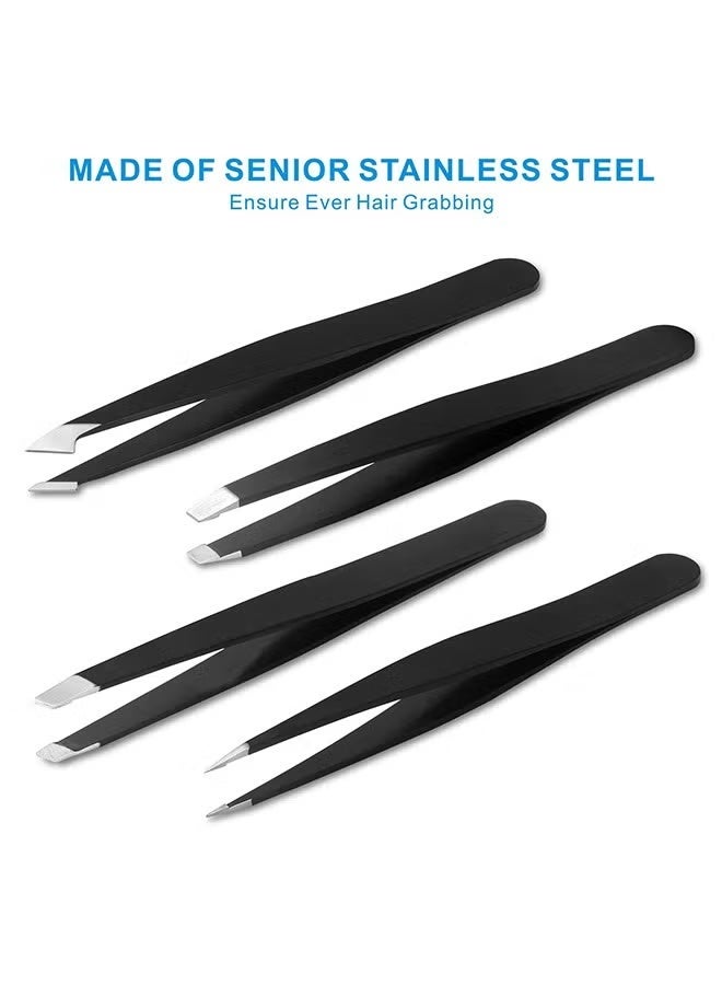 Professional 4-Piece Stainless Steel Tweezers Set - Slant & Pointed Tips for Precise Eyebrow Shaping, Facial & Ingrown Hair Removal | Home Salon Kit - Image 4