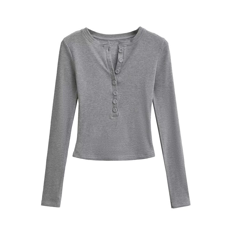 Chic Sweet Spice Solid Color Fleece-Lined Bag Buckle Long Sleeve T-Shirt Stretch Slim Fit Inner Short Base Shirt - Image 1