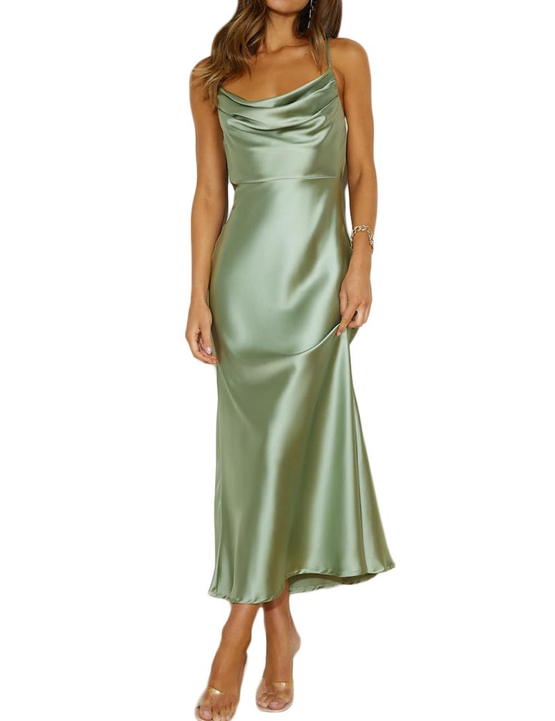 Mogidol Summer Satin Spaghetti Strap Cowl Neck Backless Midi Dresses for Women Elegant Tie Low Back Ruched Cocktail Dress Sage - Image 1
