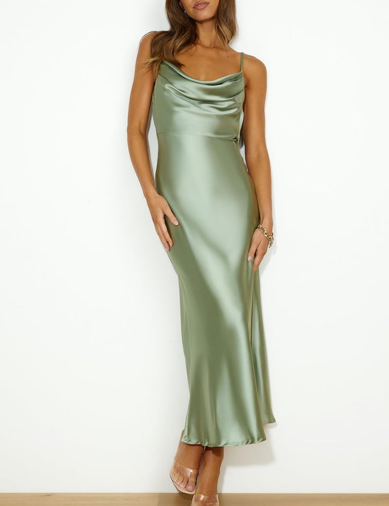 Mogidol Summer Satin Spaghetti Strap Cowl Neck Backless Midi Dresses for Women Elegant Tie Low Back Ruched Cocktail Dress Sage - Image 4