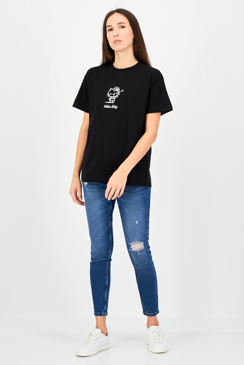 Hello Kitty Women Crew Neck Short Sleeve Graphic Printed T-Shirt, Black - Image 3